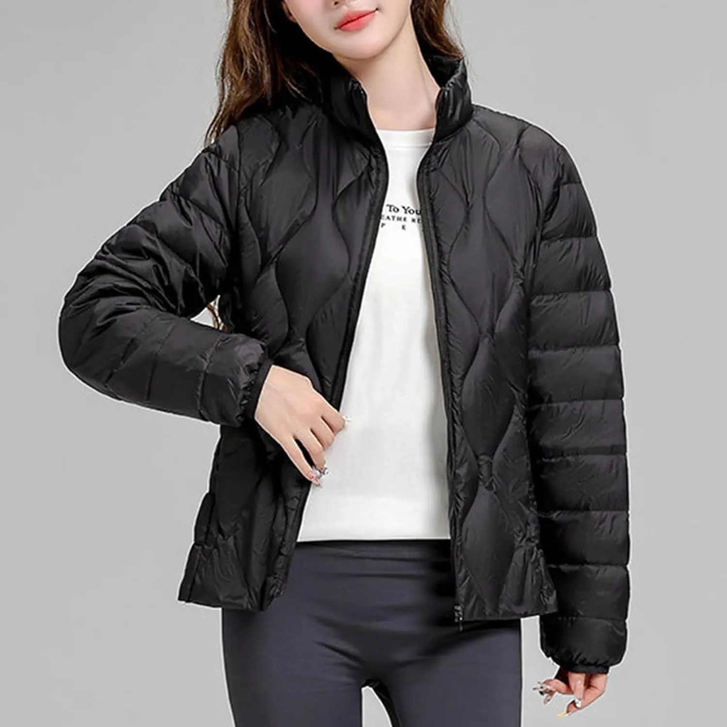 Quilted Lightweight Jackets for Women Plus Size Short Puffer Coats Stand Collar Zipper Down Jacket for Fall Winter
