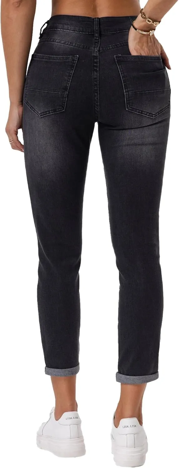 RHODANTHE Women's Ripped Boyfriend Jeans Stretch Skinny Jean Trendy Distressed Straight Leg Jeans with Holes