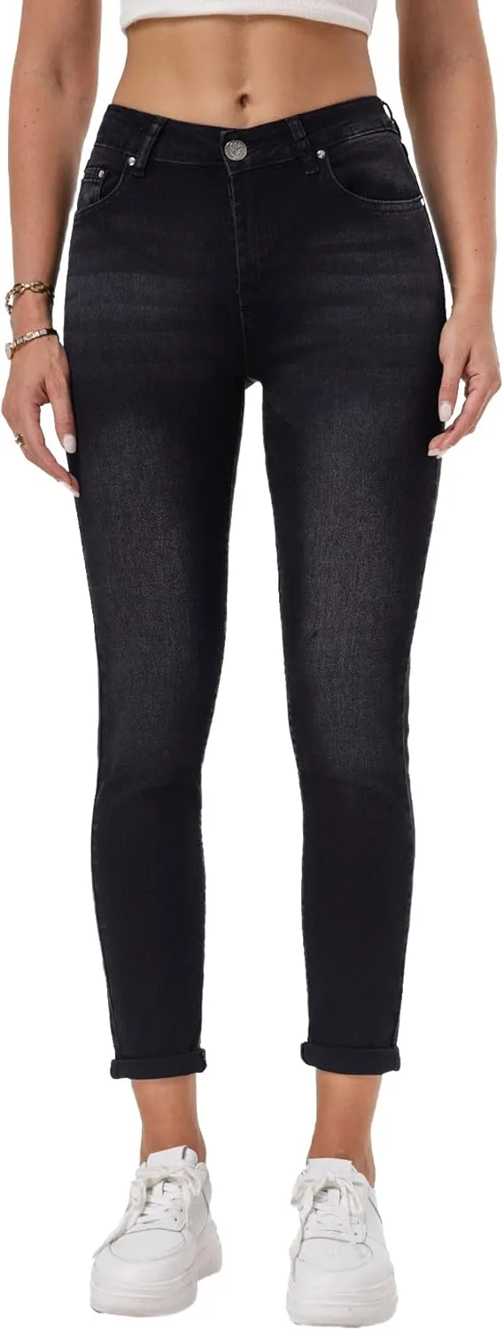RHODANTHE Women's Ripped Boyfriend Jeans Stretch Skinny Jean Trendy Distressed Straight Leg Jeans with Holes