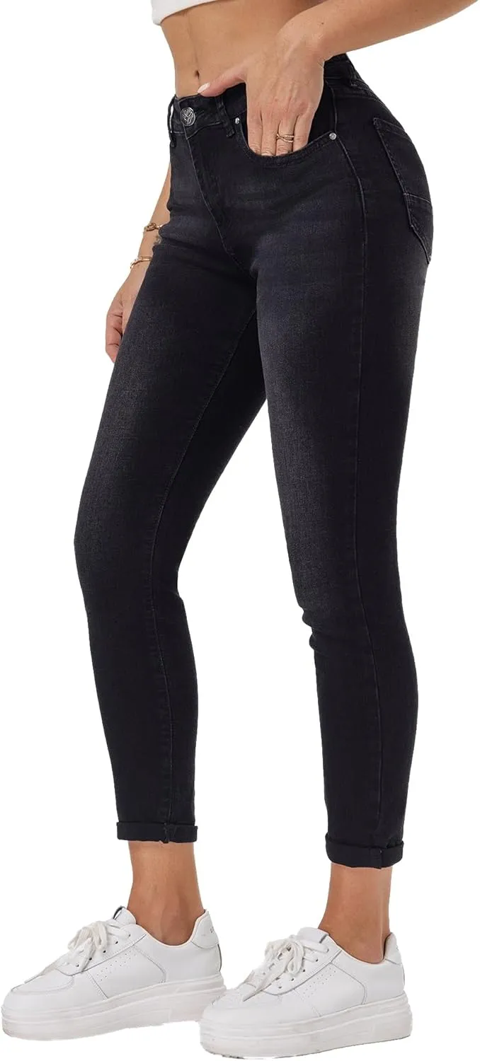 RHODANTHE Women's Ripped Boyfriend Jeans Stretch Skinny Jean Trendy Distressed Straight Leg Jeans with Holes