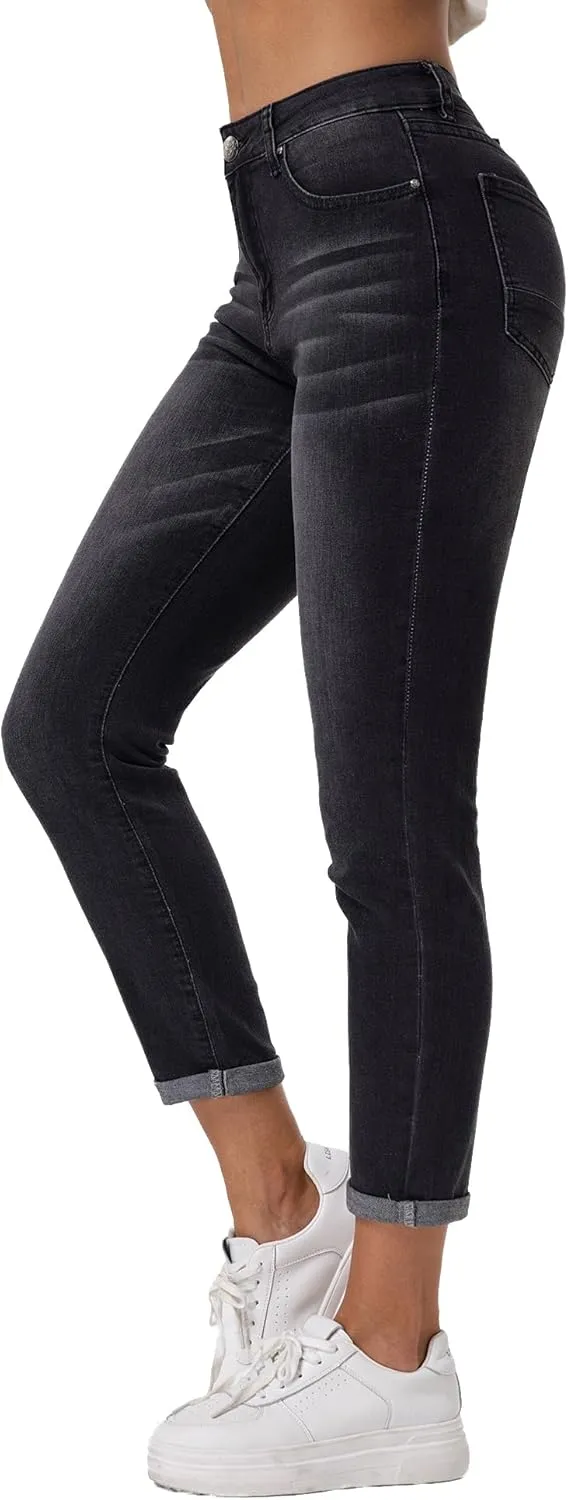 RHODANTHE Women's Ripped Boyfriend Jeans Stretch Skinny Jean Trendy Distressed Straight Leg Jeans with Holes
