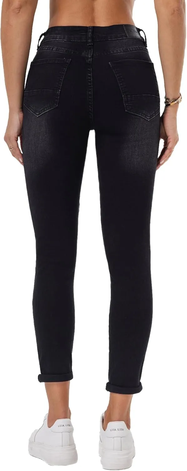 RHODANTHE Women's Ripped Boyfriend Jeans Stretch Skinny Jean Trendy Distressed Straight Leg Jeans with Holes