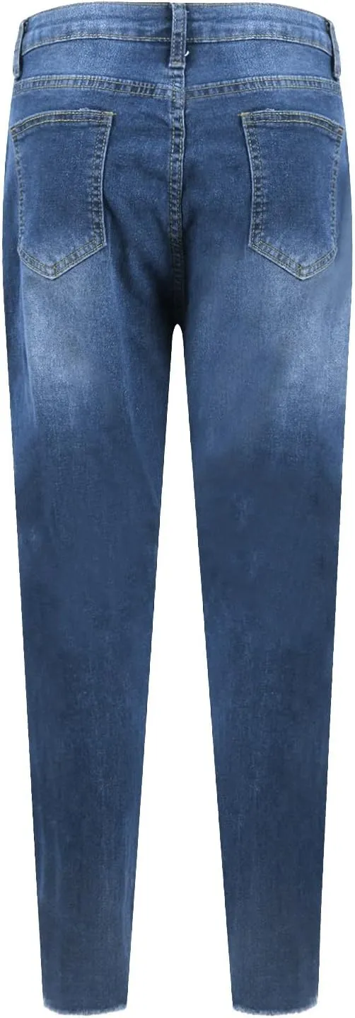 Ripped Jeans Womens Straight Leg Skinny Jeans Casual Trendy Elastic High Waisted Jeans with Pockets Denim Pants