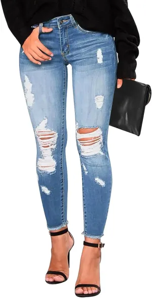 Ripped Jeans Womens Straight Leg Skinny Jeans Casual Trendy Elastic High Waisted Jeans with Pockets Denim Pants