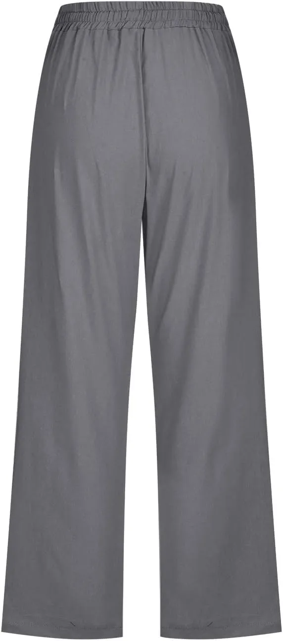RKSTN Cotton Linen Pants for Women Casual Solid Color Elastic Pant Wide Leg Cropped Trousers with Pockets Drawstring Capris