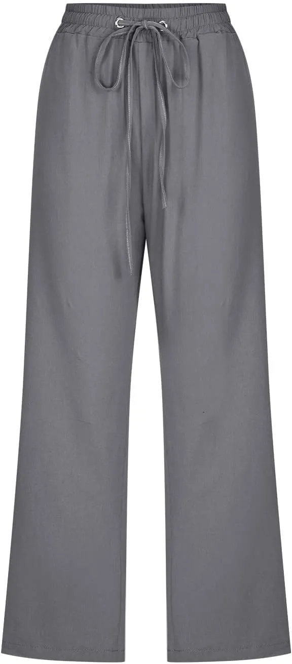 RKSTN Cotton Linen Pants for Women Casual Solid Color Elastic Pant Wide Leg Cropped Trousers with Pockets Drawstring Capris