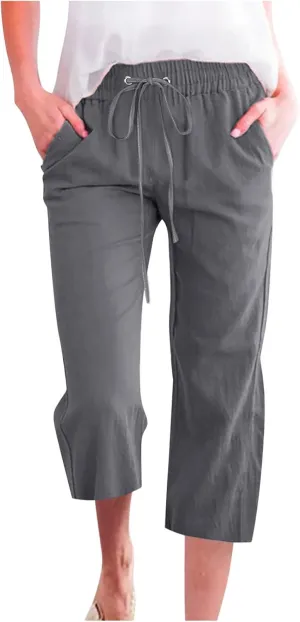 RKSTN Cotton Linen Pants for Women Casual Solid Color Elastic Pant Wide Leg Cropped Trousers with Pockets Drawstring Capris