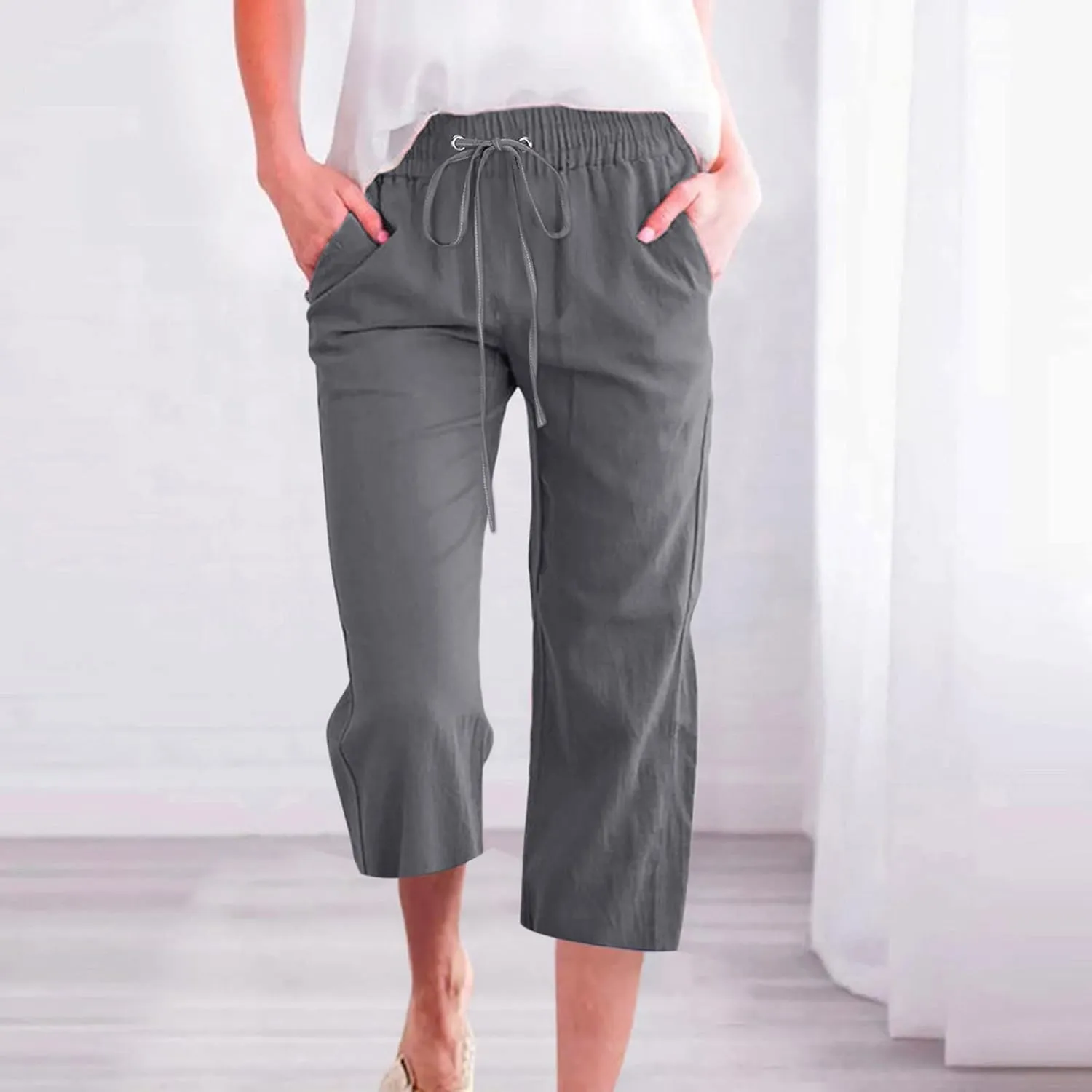 RKSTN Cotton Linen Pants for Women Casual Solid Color Elastic Pant Wide Leg Cropped Trousers with Pockets Drawstring Capris