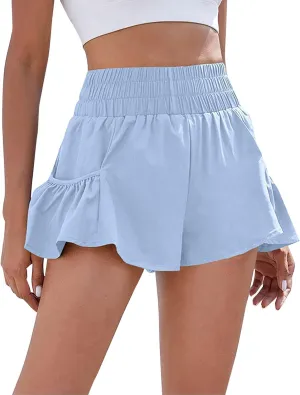 Running Shorts for Women Casual Fitness Gym Shorts Quick Dry Summer Ruffled High-Waisted Lounge Shorts with Pockets