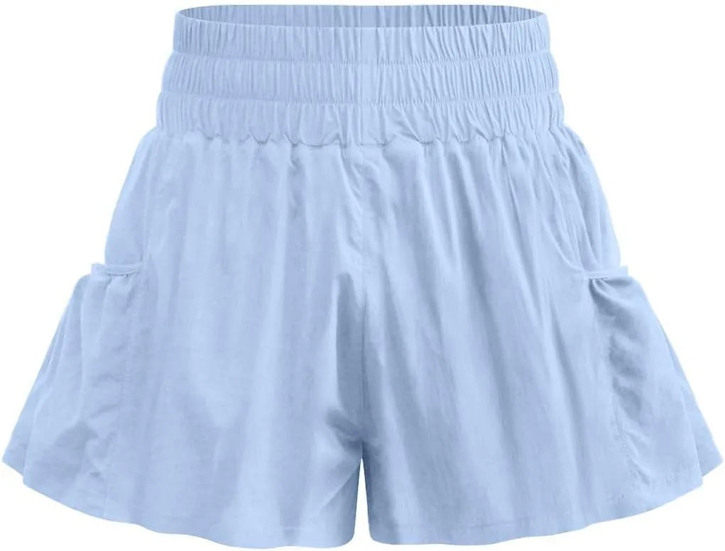 Running Shorts for Women Casual Fitness Gym Shorts Quick Dry Summer Ruffled High-Waisted Lounge Shorts with Pockets