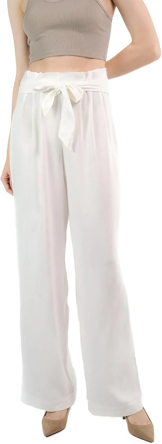SANDY & SID Womens Linen Pants High Waist Wide Leg Fabric Tie Paperpag Trousers Summer Casual Work Beach Wear