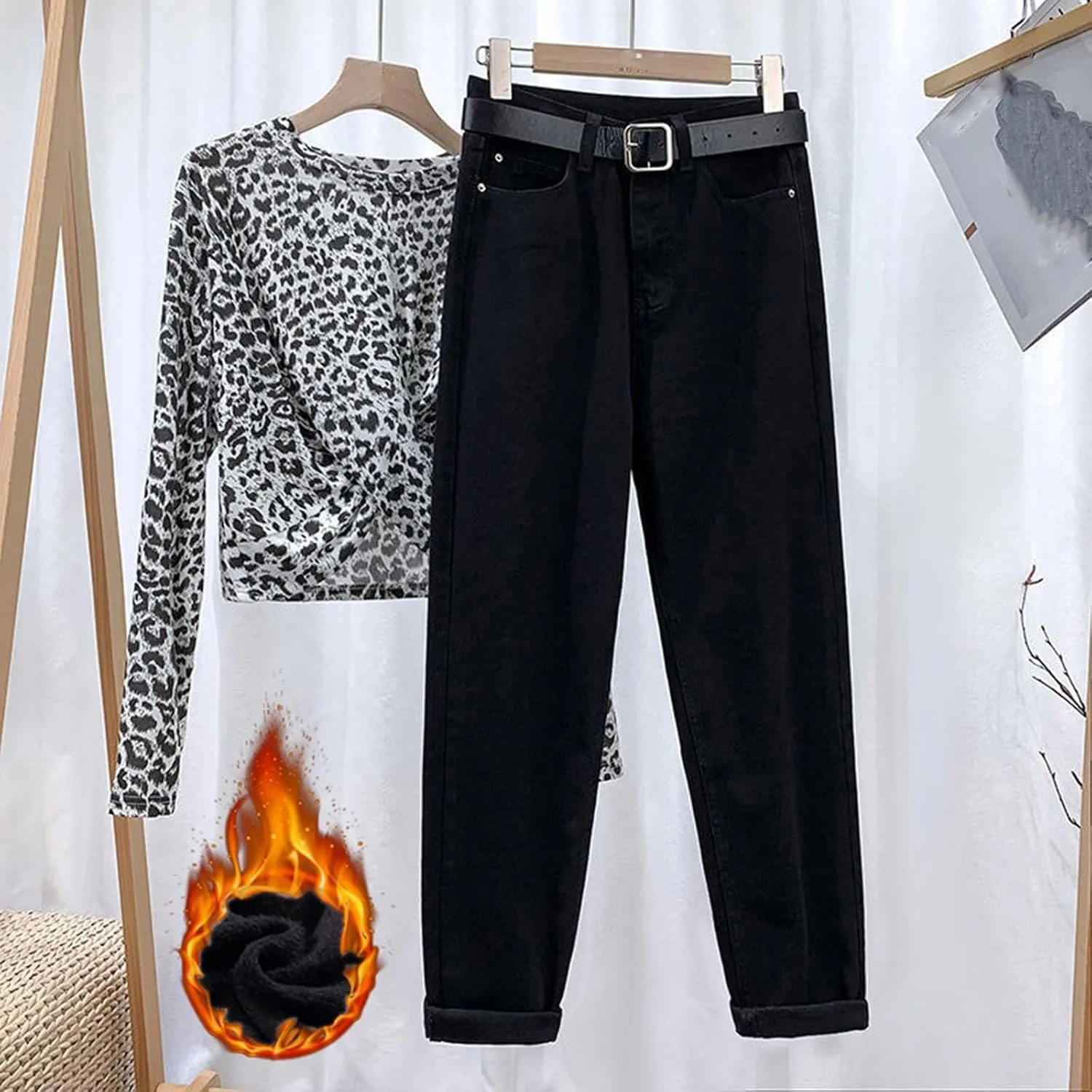 sdbrld Fleece Lined Jeans Women,Womens Fleece Lined Jeans Warm Winter Thermal Jeans Thicken Loose Stretch Denim Pants Tights