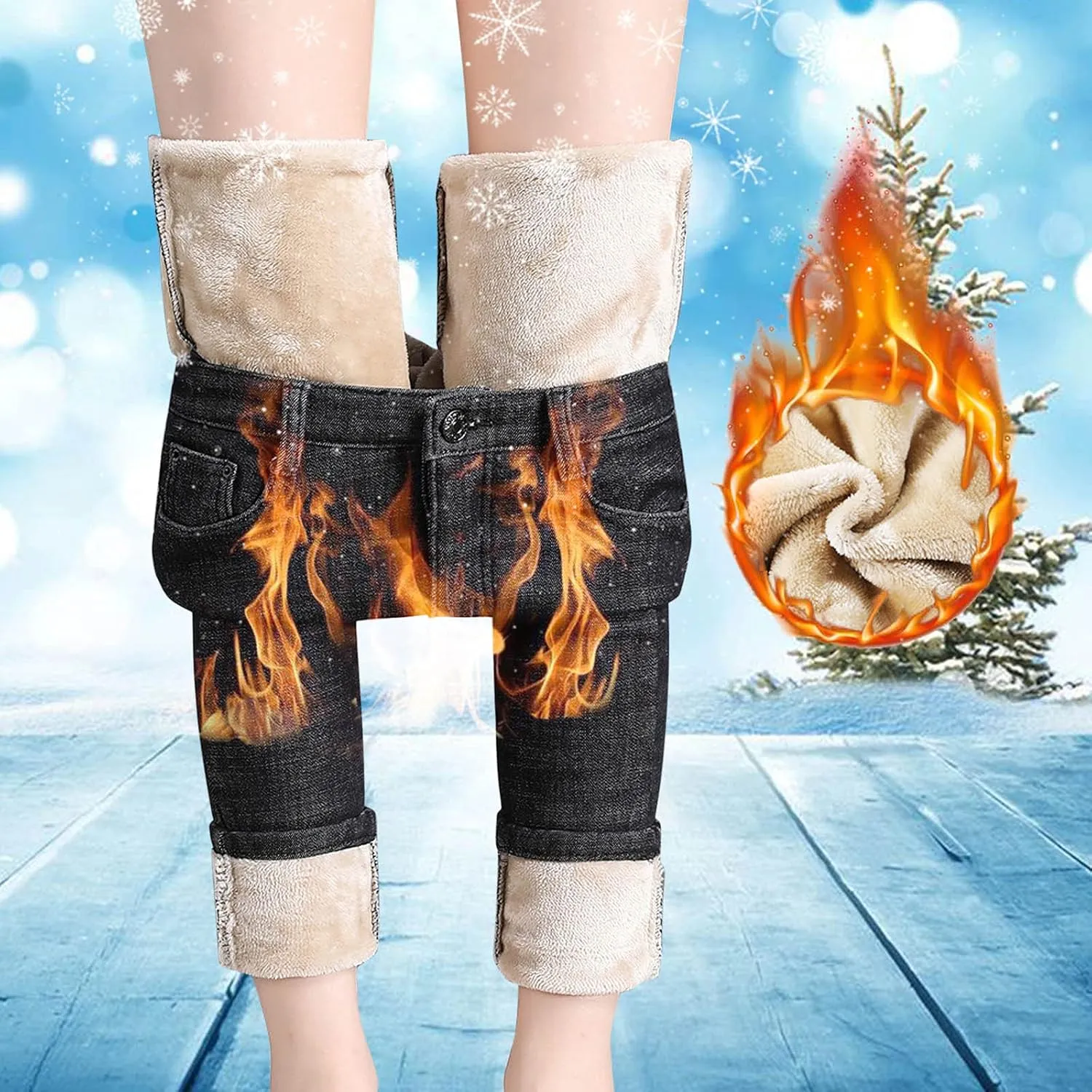 sdbrld Fleece Lined Jeans Women,Womens Fleece Lined Jeans Warm Winter Thermal Jeans Thicken Skinny Stretch Denim Pants Tights