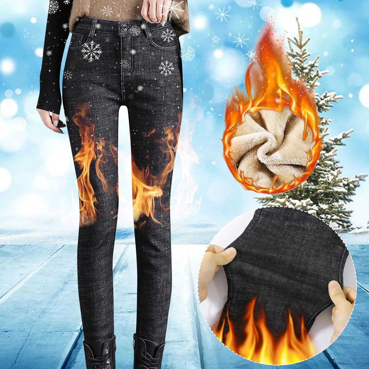 sdbrld Fleece Lined Jeans Women,Womens Fleece Lined Jeans Warm Winter Thermal Jeans Thicken Skinny Stretch Denim Pants Tights