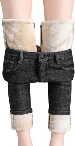 sdbrld Fleece Lined Jeans Women,Womens Fleece Lined Jeans Warm Winter Thermal Jeans Thicken Skinny Stretch Denim Pants Tights