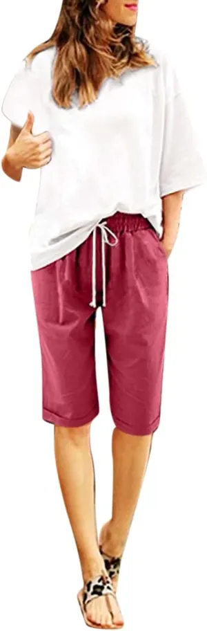 sdbrld Shorts for Women Denim Womens Bermuda Shorts High Waisted Women's Knee-Length Bermuda Fashion Shorts with Elastic Waist Drawstring