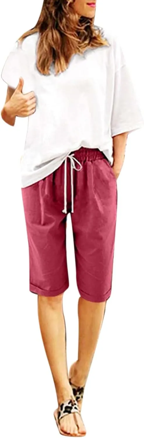 sdbrld Shorts for Women Denim Womens Bermuda Shorts High Waisted Women's Knee-Length Bermuda Fashion Shorts with Elastic Waist Drawstring