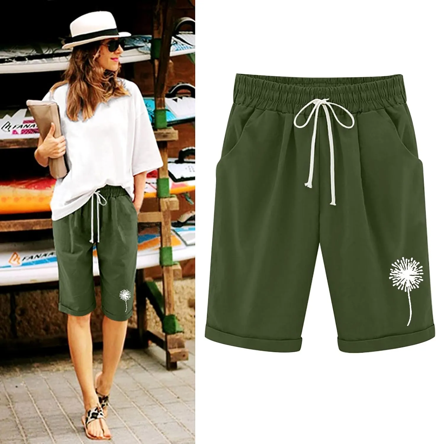 sdbrld Shorts for Women Trendy Knee-Length Bermuda Shorts Summer Floral Plus Size Beach Long Shorts Elastic Waist Drawstring