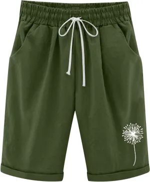 sdbrld Shorts for Women Trendy Knee-Length Bermuda Shorts Summer Floral Plus Size Beach Long Shorts Elastic Waist Drawstring