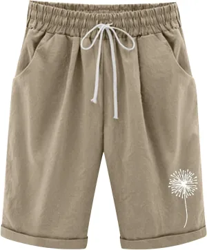 sdbrld Shorts for Women Trendy Knee-Length Bermuda Shorts Summer Floral Plus Size Beach Long Shorts Elastic Waist Drawstring