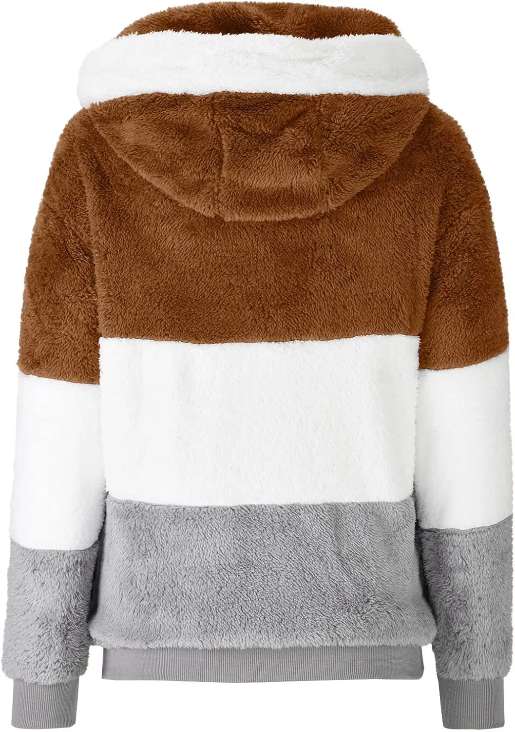 SEAOPEN Fuzzy Fleece Jacket Women Full Zip Plush Hooded Jackets Fashion Color Block Sherpa Jacket Winter Coats Outerwear