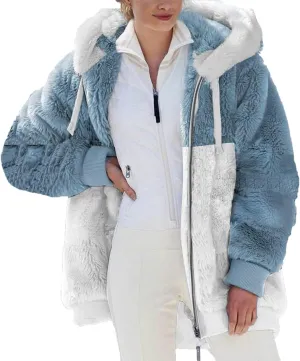 SEAOPEN Fuzzy Fleece Jacket Women Full Zip Plush Hooded Jackets Fashion Color Block Sherpa Jacket Winter Coats Outerwear