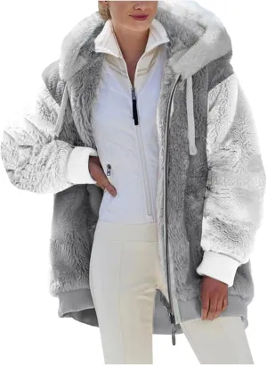 SEAOPEN Fuzzy Fleece Jacket Women Full Zip Plush Hooded Jackets Fashion Color Block Sherpa Jacket Winter Coats Outerwear