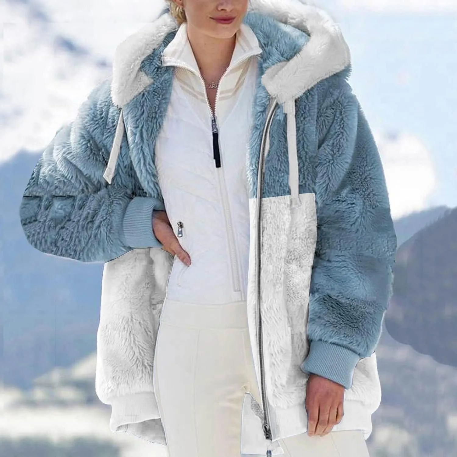 SEAOPEN Fuzzy Fleece Jacket Women Full Zip Plush Hooded Jackets Fashion Color Block Sherpa Jacket Winter Coats Outerwear