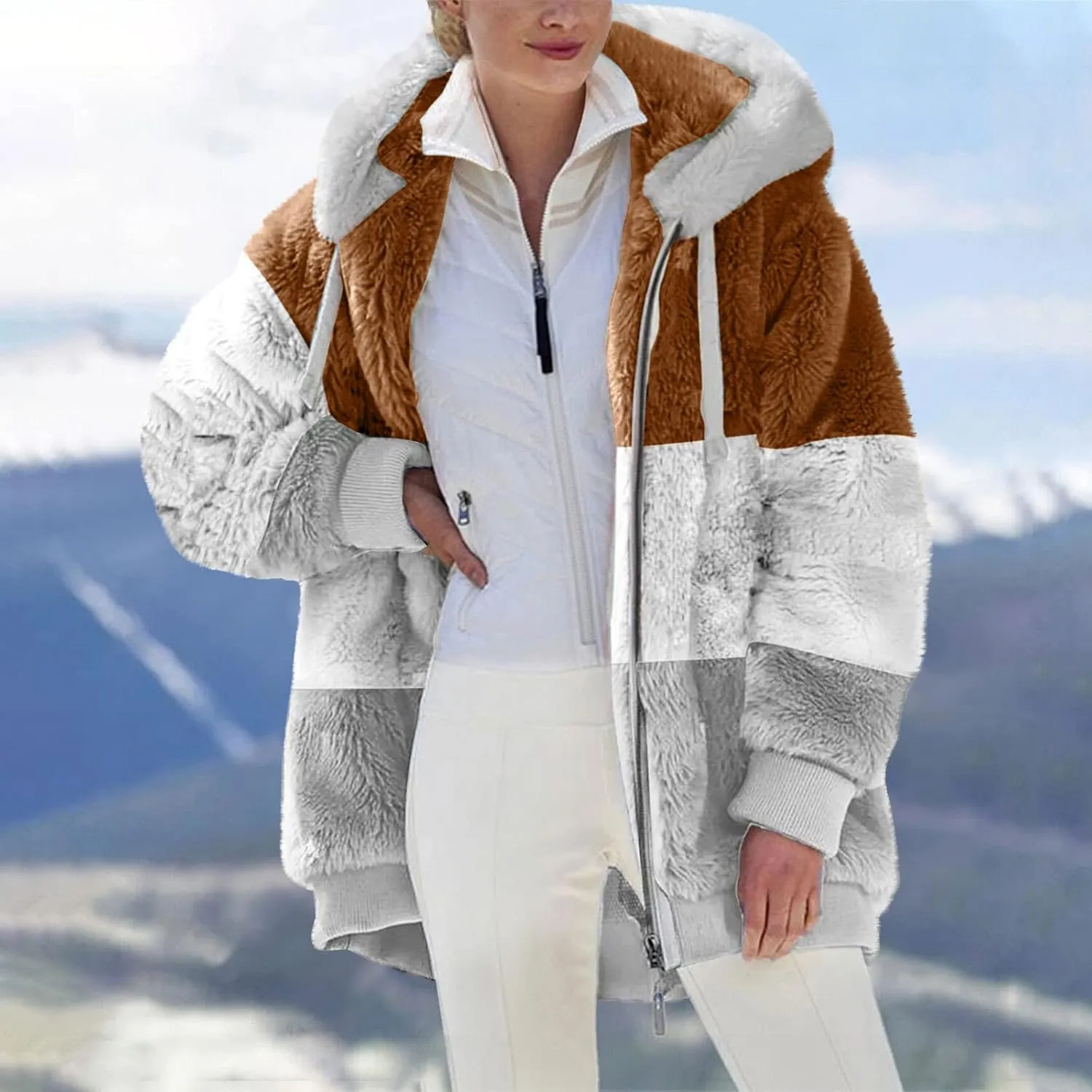 SEAOPEN Fuzzy Fleece Jacket Women Full Zip Plush Hooded Jackets Fashion Color Block Sherpa Jacket Winter Coats Outerwear