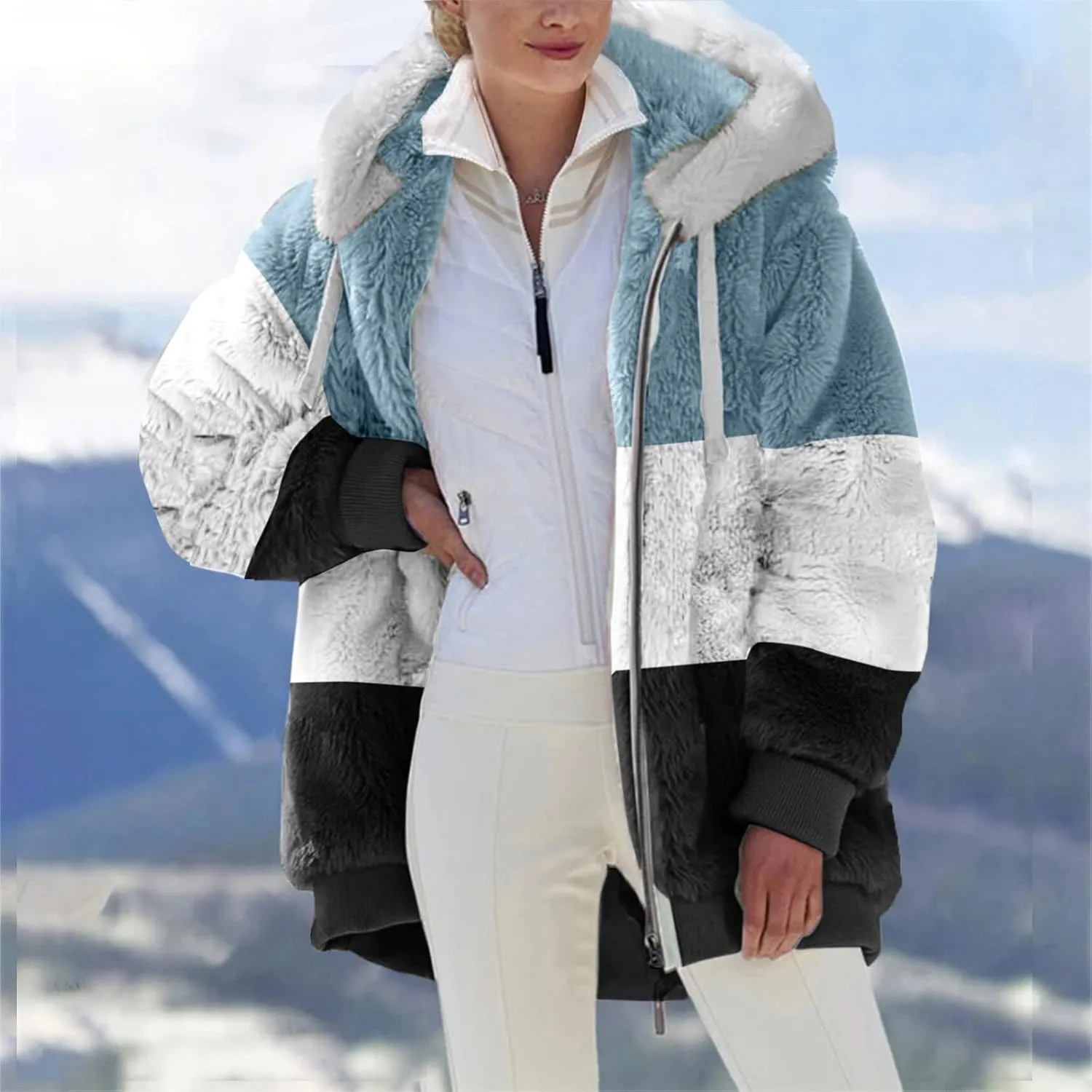 SEAOPEN Fuzzy Fleece Jacket Women Full Zip Plush Hooded Jackets Fashion Color Block Sherpa Jacket Winter Coats Outerwear