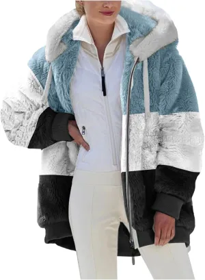 SEAOPEN Fuzzy Fleece Jacket Women Full Zip Plush Hooded Jackets Fashion Color Block Sherpa Jacket Winter Coats Outerwear
