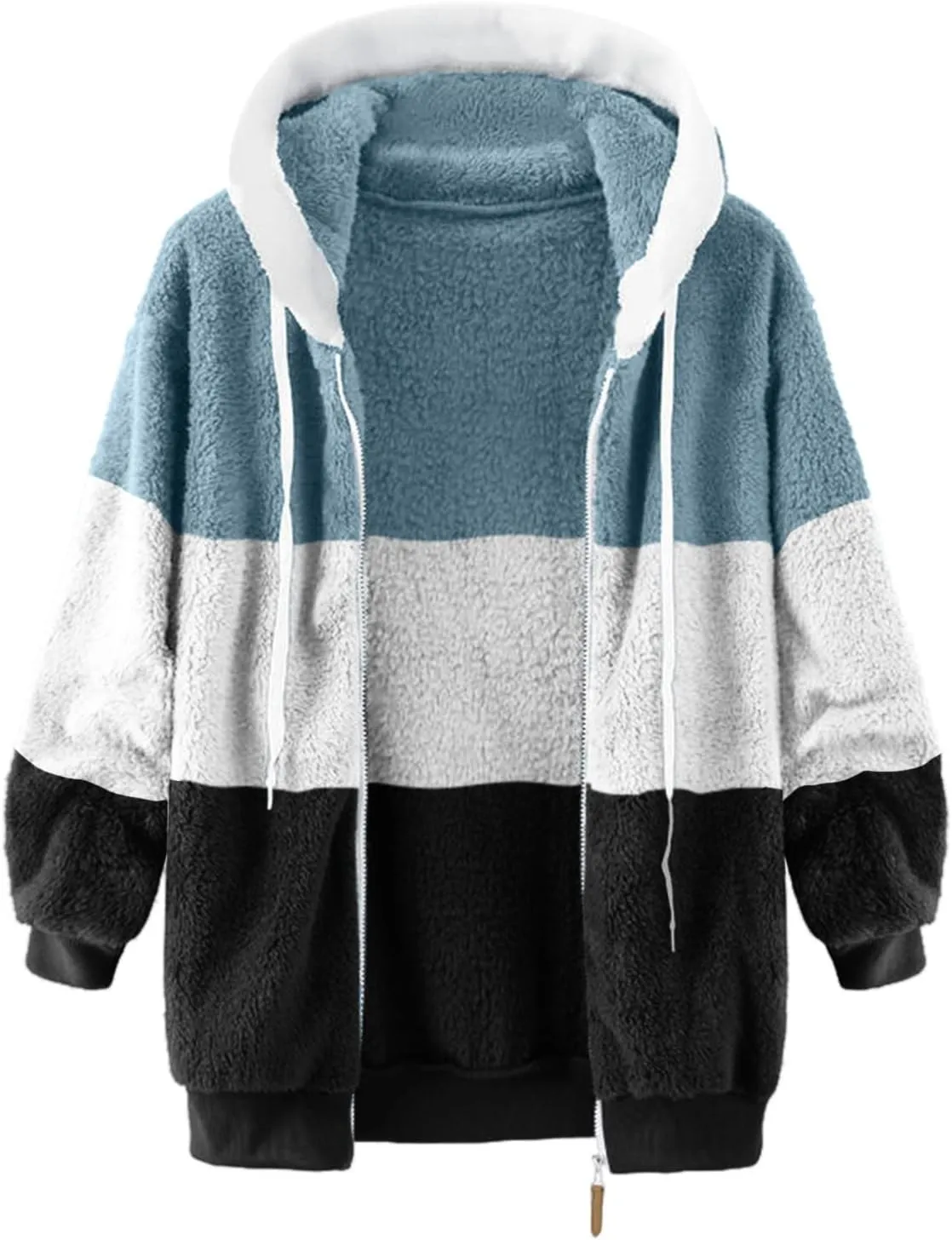 SEAOPEN Fuzzy Fleece Jacket Women Full Zip Plush Hooded Jackets Fashion Color Block Sherpa Jacket Winter Coats Outerwear