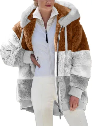 SEAOPEN Fuzzy Fleece Jacket Women Full Zip Plush Hooded Jackets Fashion Color Block Sherpa Jacket Winter Coats Outerwear