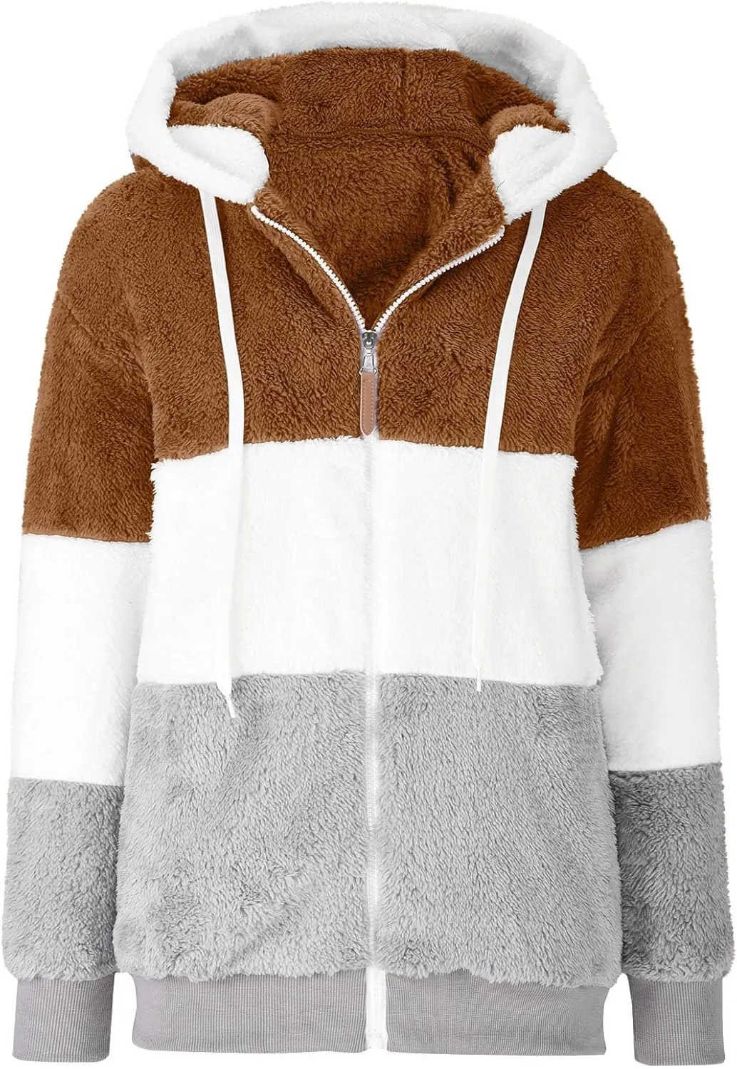SEAOPEN Fuzzy Fleece Jacket Women Full Zip Plush Hooded Jackets Fashion Color Block Sherpa Jacket Winter Coats Outerwear