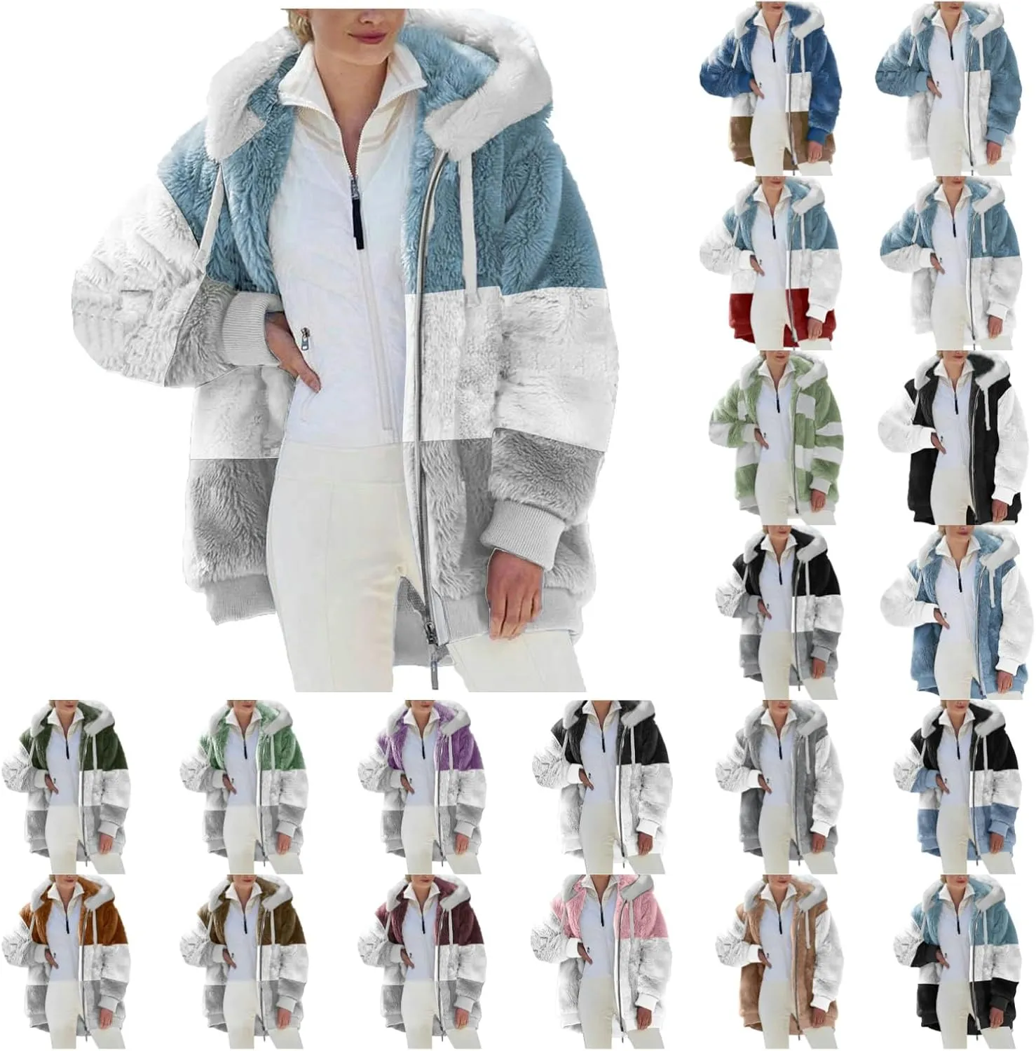 SEAOPEN Fuzzy Fleece Jacket Women Full Zip Plush Hooded Jackets Fashion Color Block Sherpa Jacket Winter Coats Outerwear