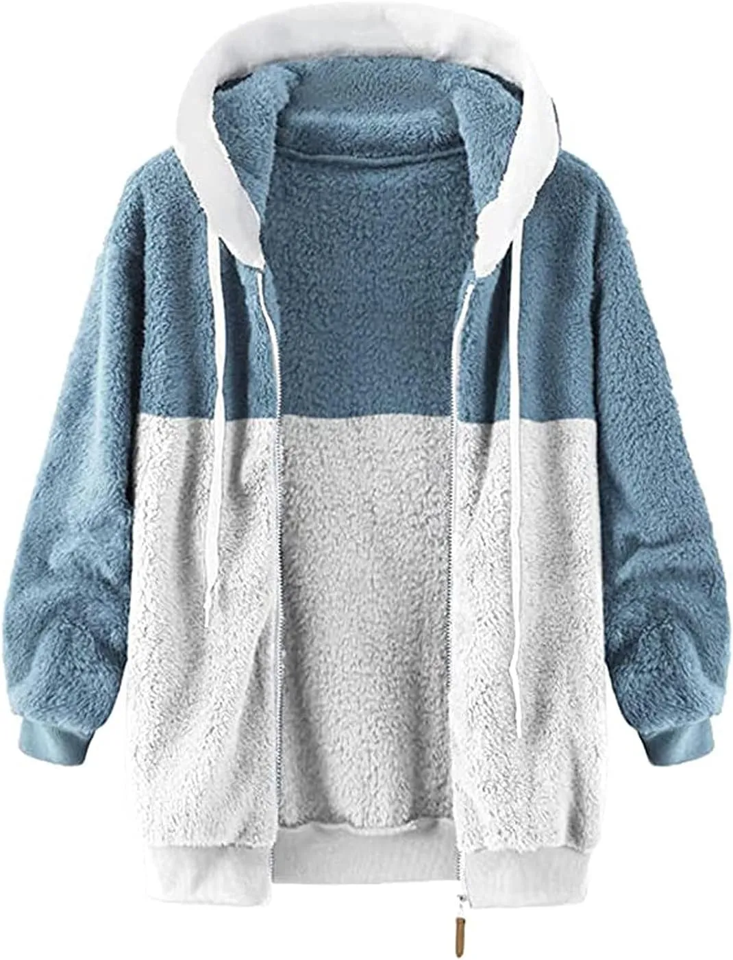 SEAOPEN Fuzzy Fleece Jacket Women Full Zip Plush Hooded Jackets Fashion Color Block Sherpa Jacket Winter Coats Outerwear