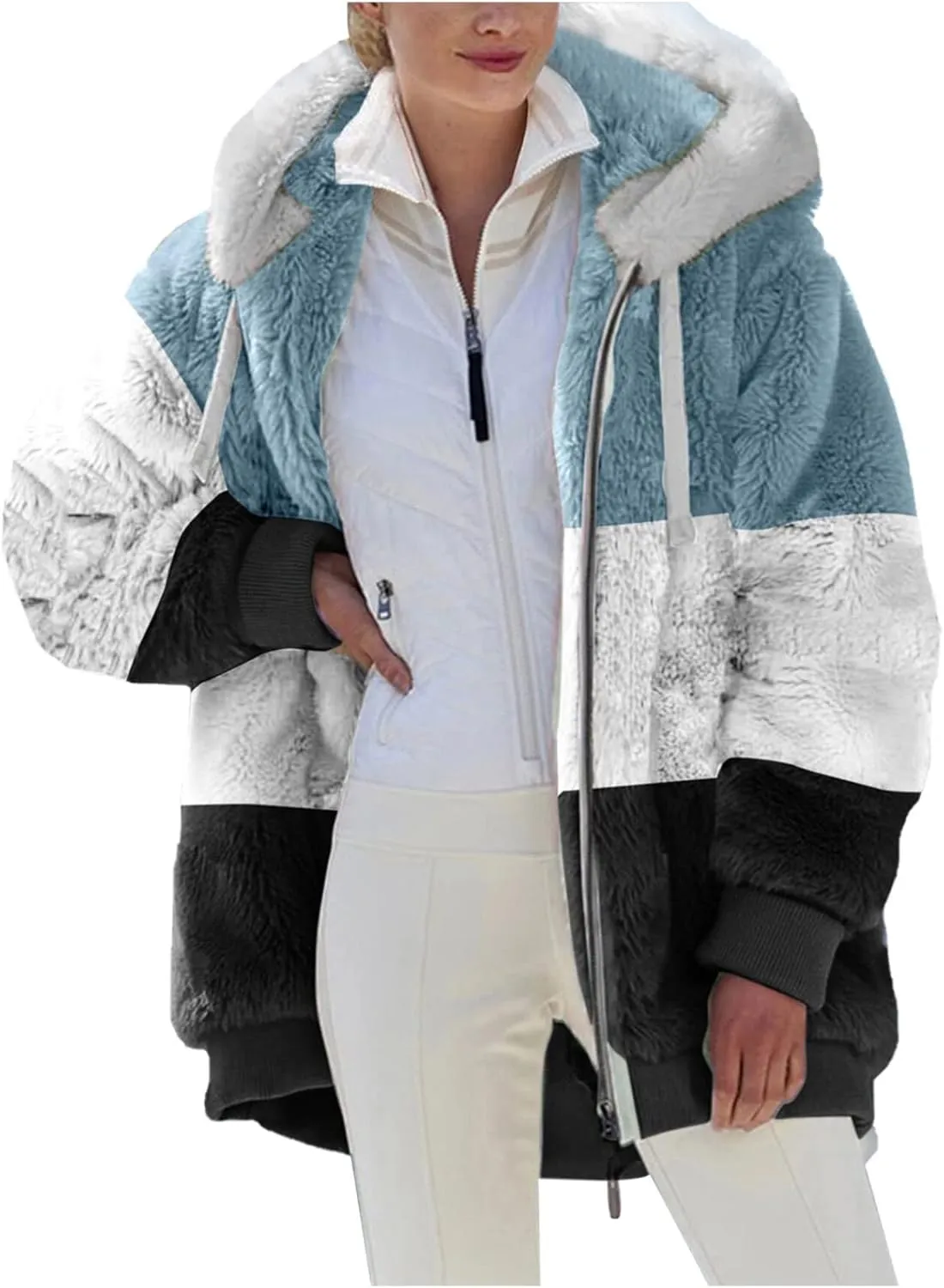 SEAOPEN Fuzzy Fleece Jacket Women Full Zip Plush Hooded Jackets Fashion Color Block Sherpa Jacket Winter Coats Outerwear