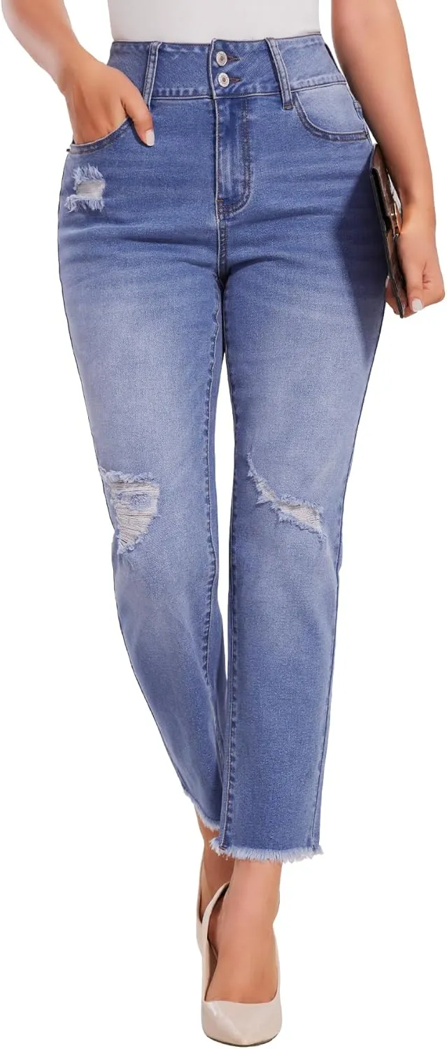 SEASUM Women's High Waisted Jeans Stretch Raw Hem Straight Leg Denim Pants Cargo Jeans with Pockets