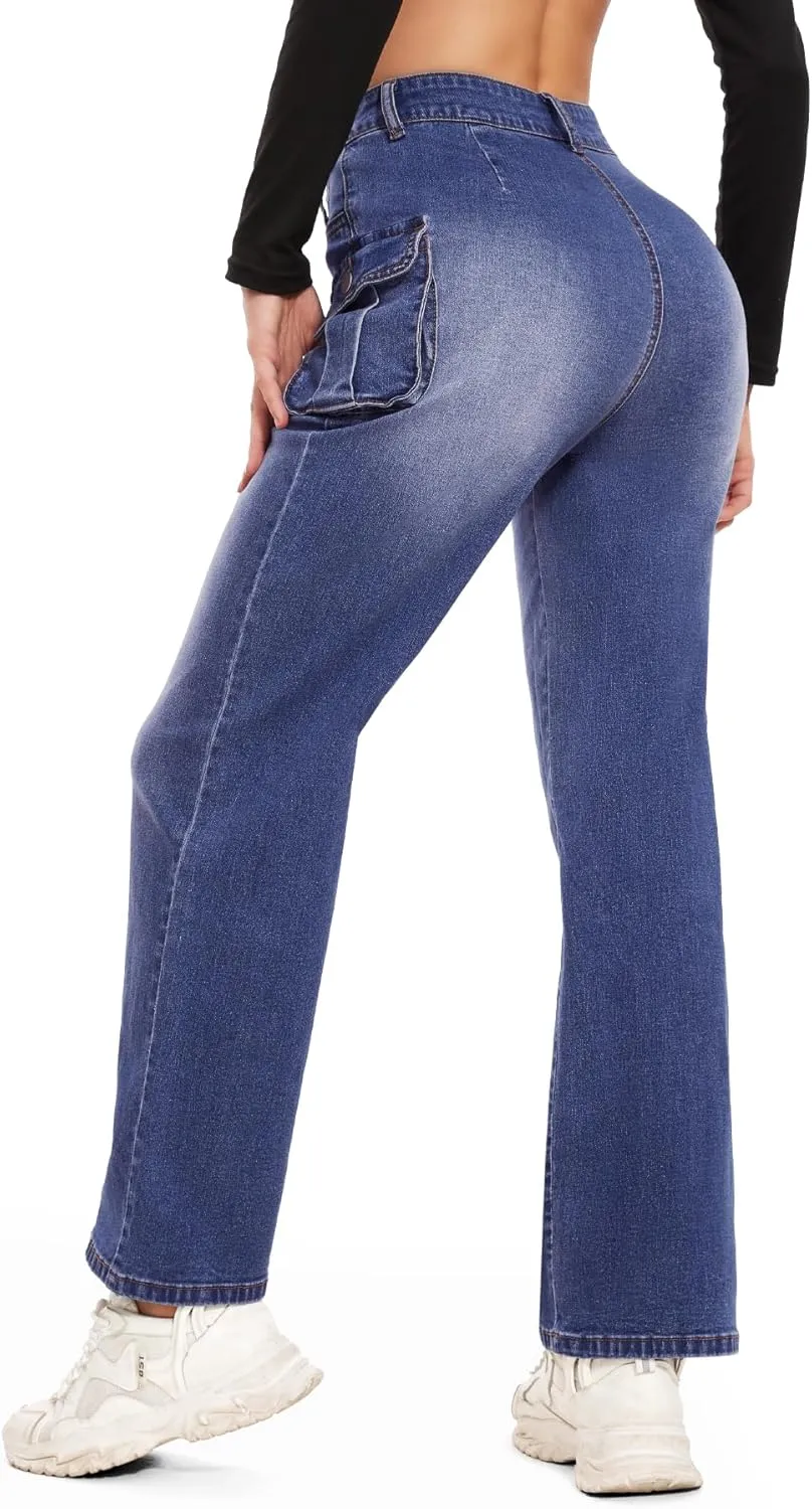 SEASUM Women's High Waisted Jeans Stretch Raw Hem Straight Leg Denim Pants Cargo Jeans with Pockets