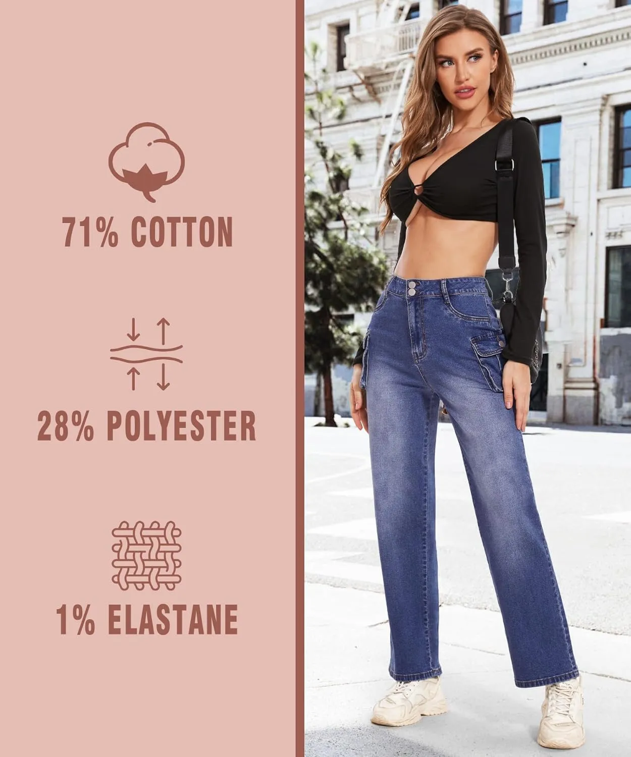 SEASUM Women's High Waisted Jeans Stretch Raw Hem Straight Leg Denim Pants Cargo Jeans with Pockets