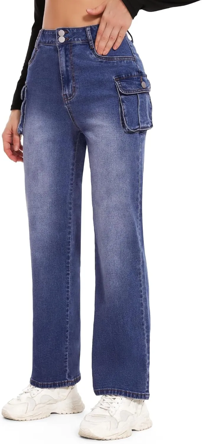 SEASUM Women's High Waisted Jeans Stretch Raw Hem Straight Leg Denim Pants Cargo Jeans with Pockets
