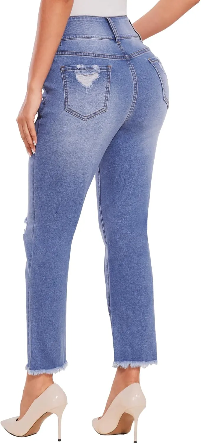 SEASUM Women's High Waisted Jeans Stretch Raw Hem Straight Leg Denim Pants Cargo Jeans with Pockets