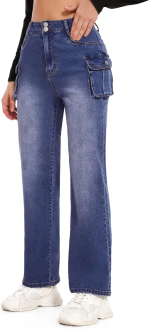 SEASUM Women's High Waisted Jeans Stretch Raw Hem Straight Leg Denim Pants Cargo Jeans with Pockets