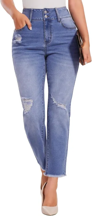SEASUM Women's High Waisted Jeans Stretch Raw Hem Straight Leg Denim Pants Cargo Jeans with Pockets