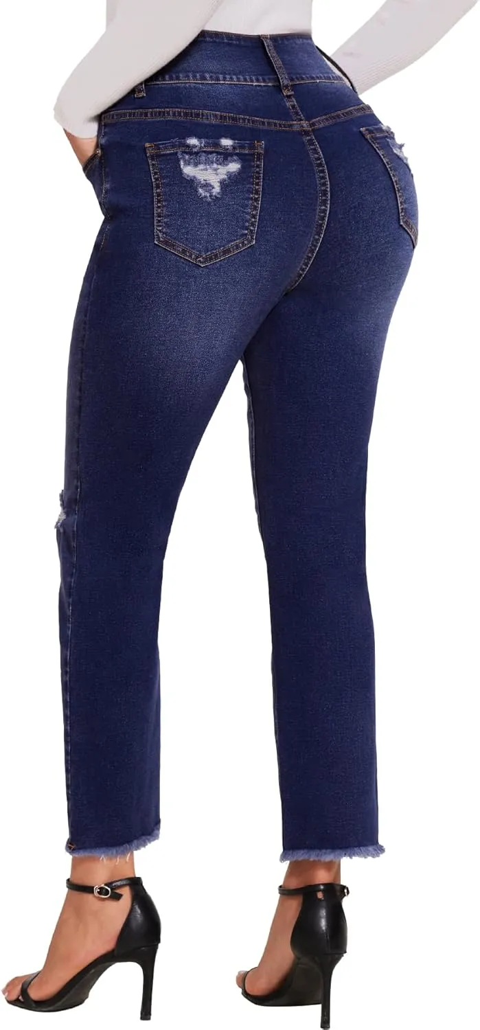 SEASUM Women's High Waisted Jeans Stretch Raw Hem Straight Leg Denim Pants Cargo Jeans with Pockets