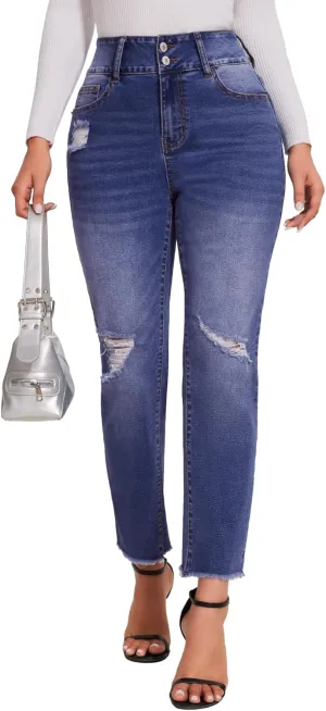 SEASUM Women's High Waisted Jeans Stretch Raw Hem Straight Leg Denim Pants Cargo Jeans with Pockets