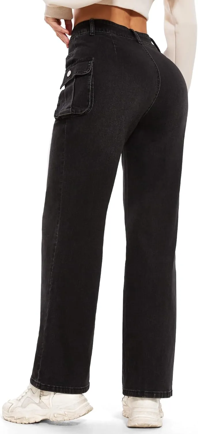 SEASUM Women's High Waisted Jeans Stretch Raw Hem Straight Leg Denim Pants Cargo Jeans with Pockets