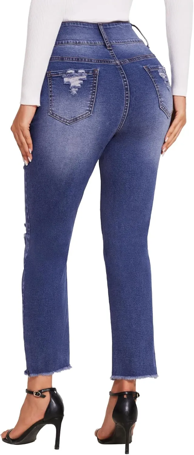 SEASUM Women's High Waisted Jeans Stretch Raw Hem Straight Leg Denim Pants Cargo Jeans with Pockets