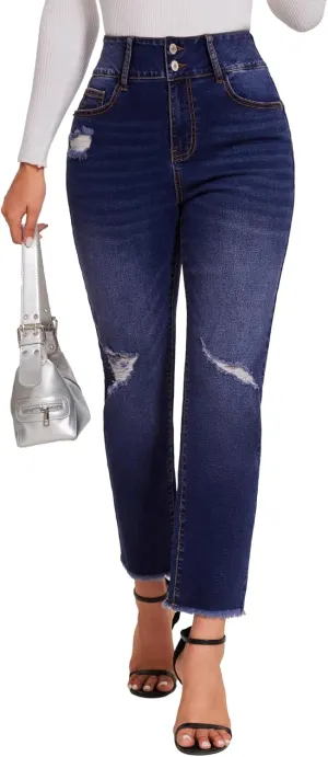 SEASUM Women's High Waisted Jeans Stretch Raw Hem Straight Leg Denim Pants Cargo Jeans with Pockets