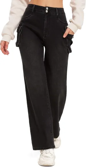 SEASUM Women's High Waisted Jeans Stretch Raw Hem Straight Leg Denim Pants Cargo Jeans with Pockets